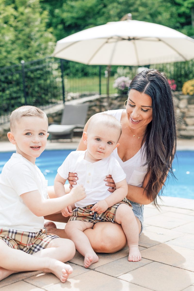 mom and kids at the poolside