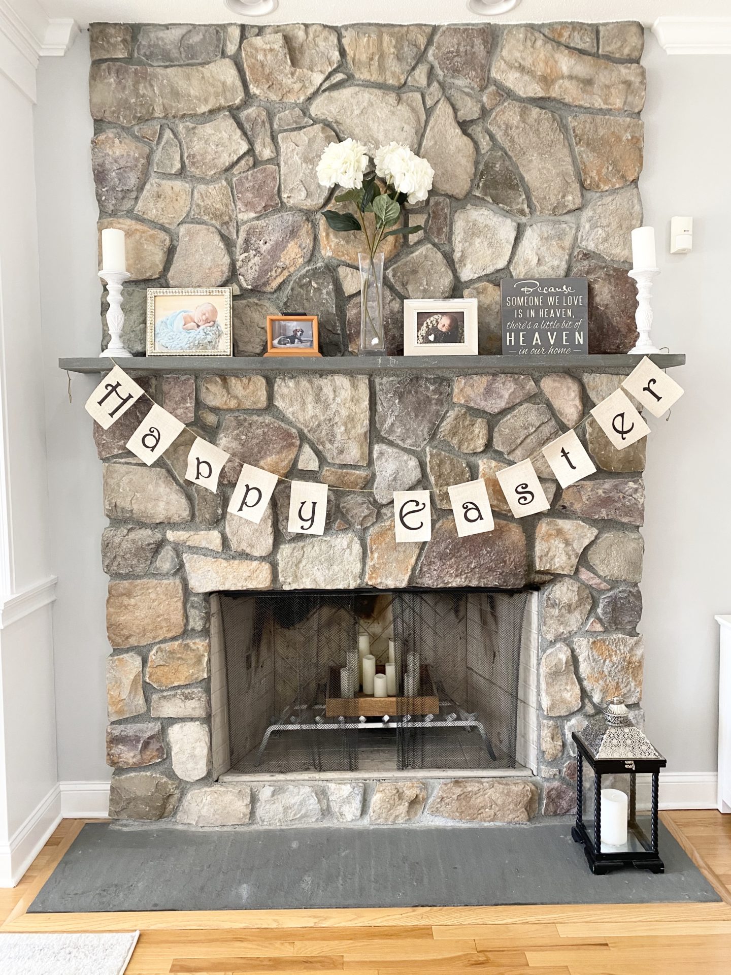 Spring and Easter Home Decor Happy Easter sign on top of a fireplace 