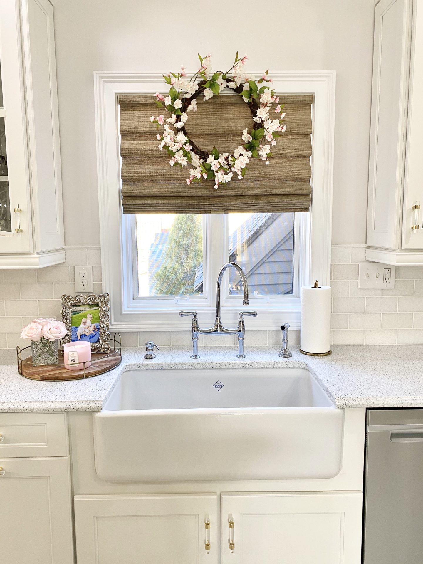 sink with Spring and Easter Home Decor with flower wreath