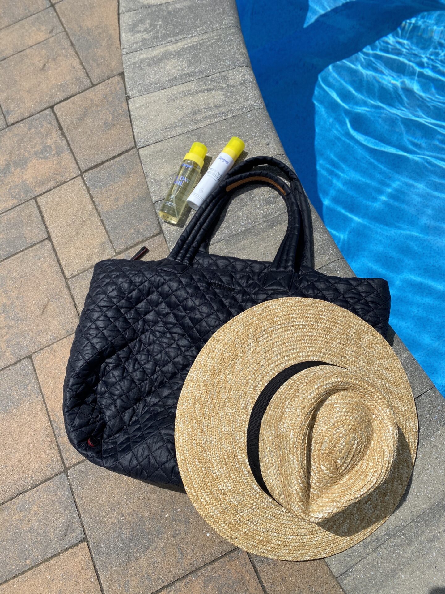 beach bag, hat, and sunblock for Beach Must Haves