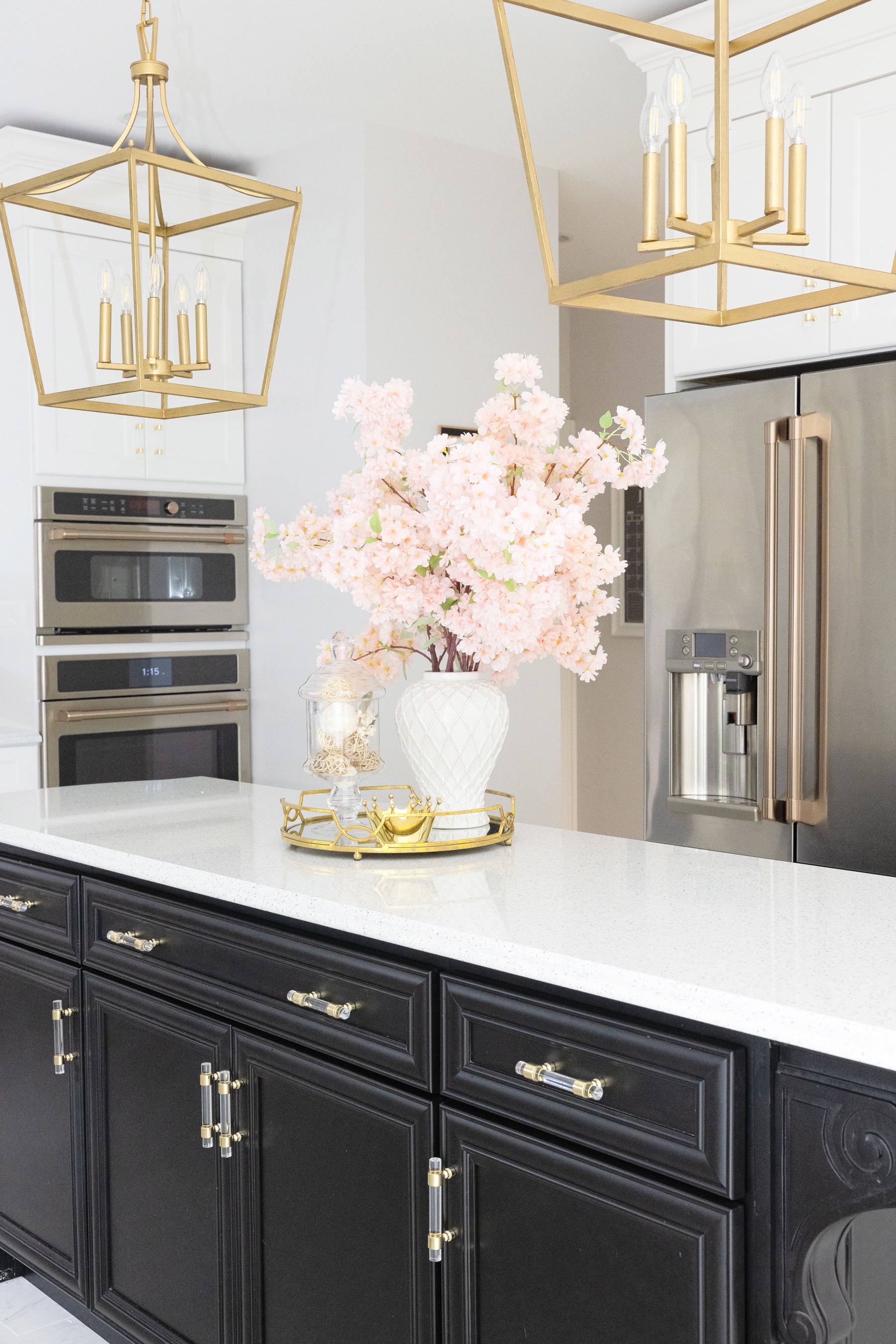 white kitchen, gold accent, and Quartz Counters